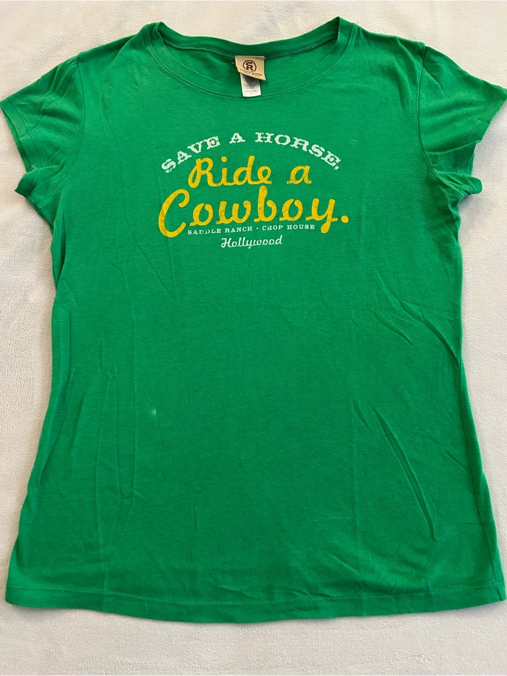 Saddle Ranch Hollywood Green "Save a Horse Ride a Cowboy" Graphic Tee - Women